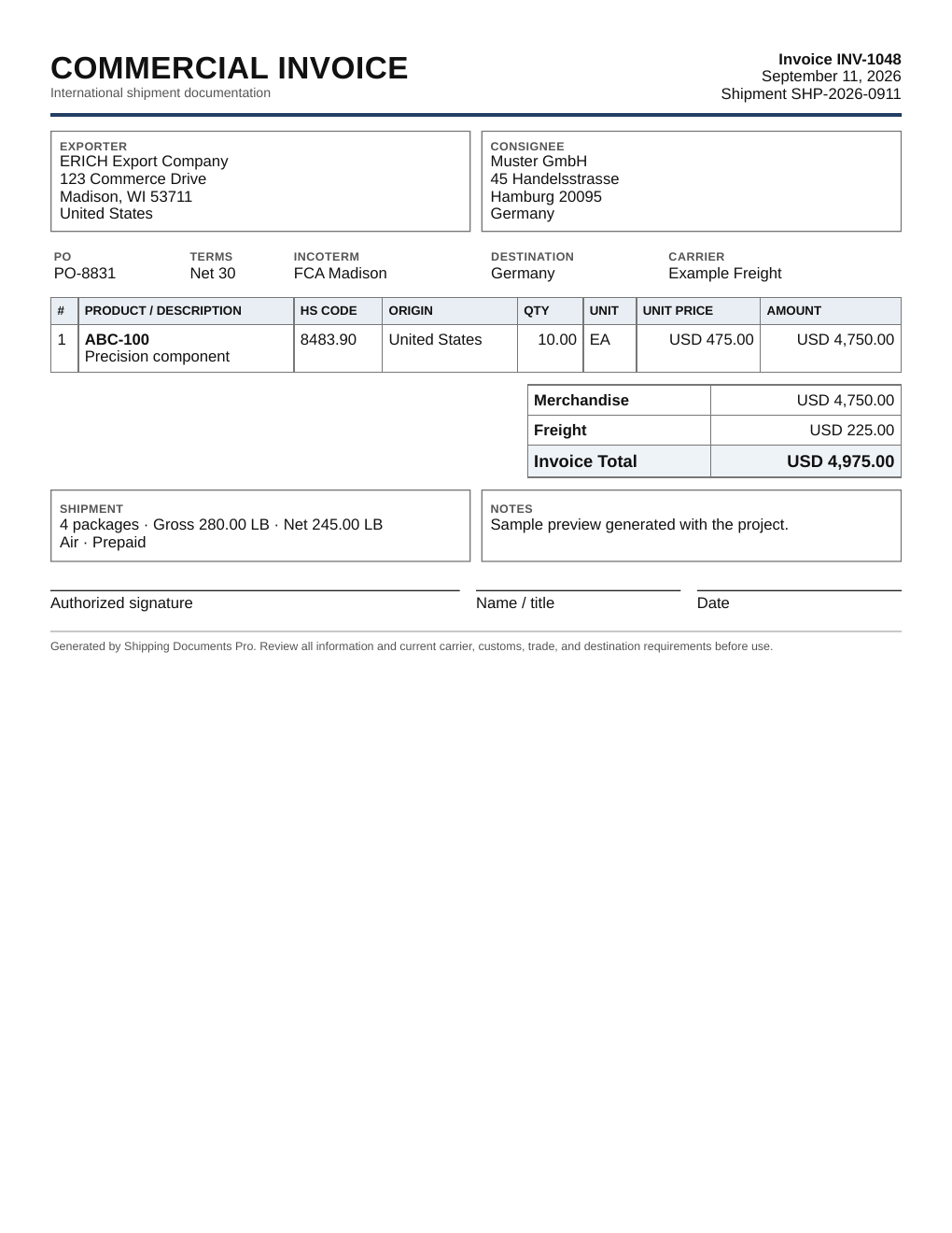 Commercial invoice preview created in Shipping Documents Pro